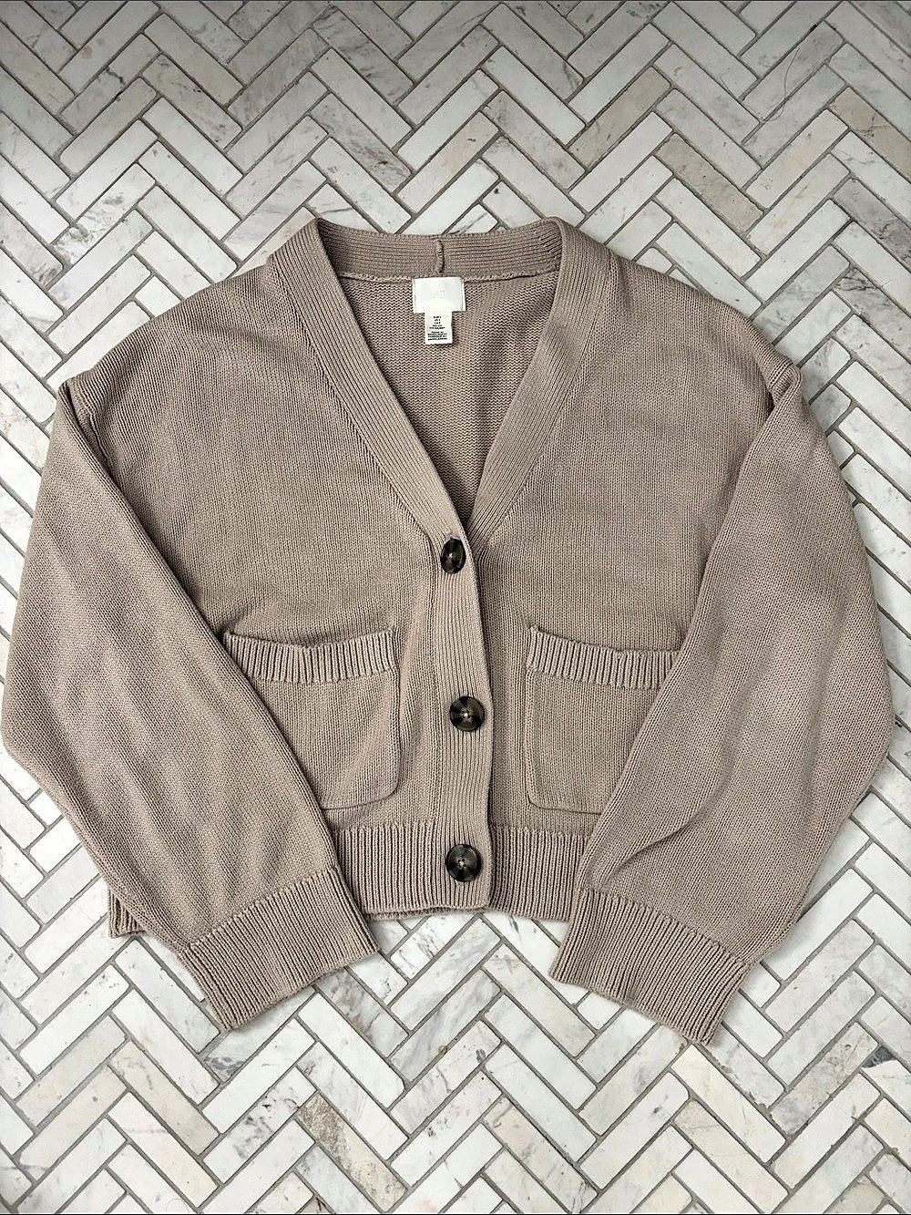 H&M Pocket-detail Cardigan Knit Button-Front Taupe Medium